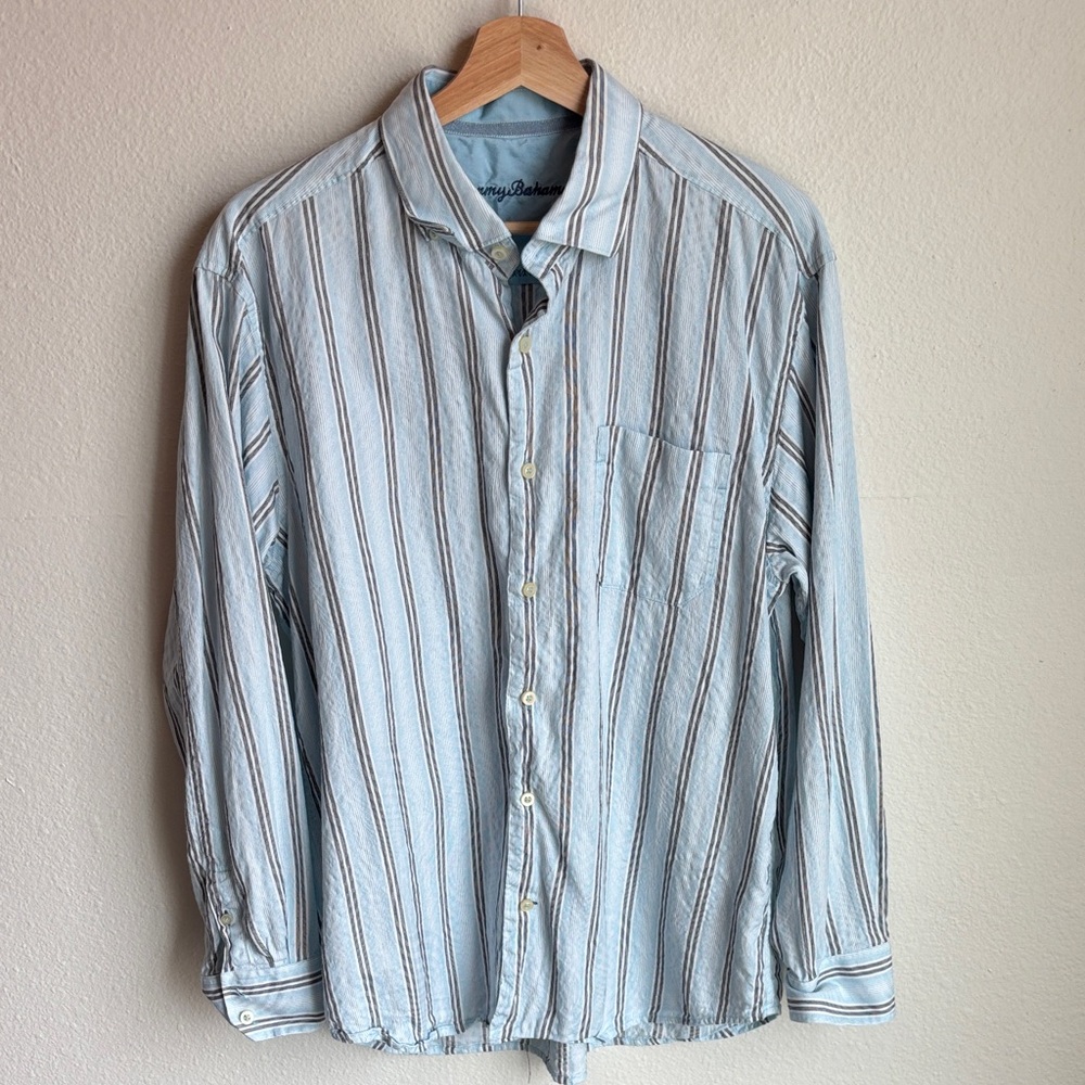 TOMMY BAHAMA Silk Long Sleeve Striped Button Front Shirt Large